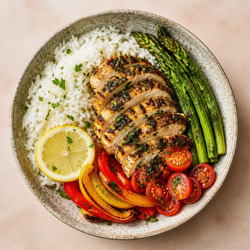 Bowl of grilled chicken breast with jasmine rice, asparagus, cherry tomatoes, roasted peppers and a lemon slice