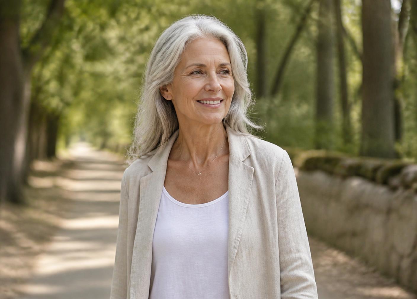 A woman in her fifties walking outdoors on a tree-lined path in morning light
