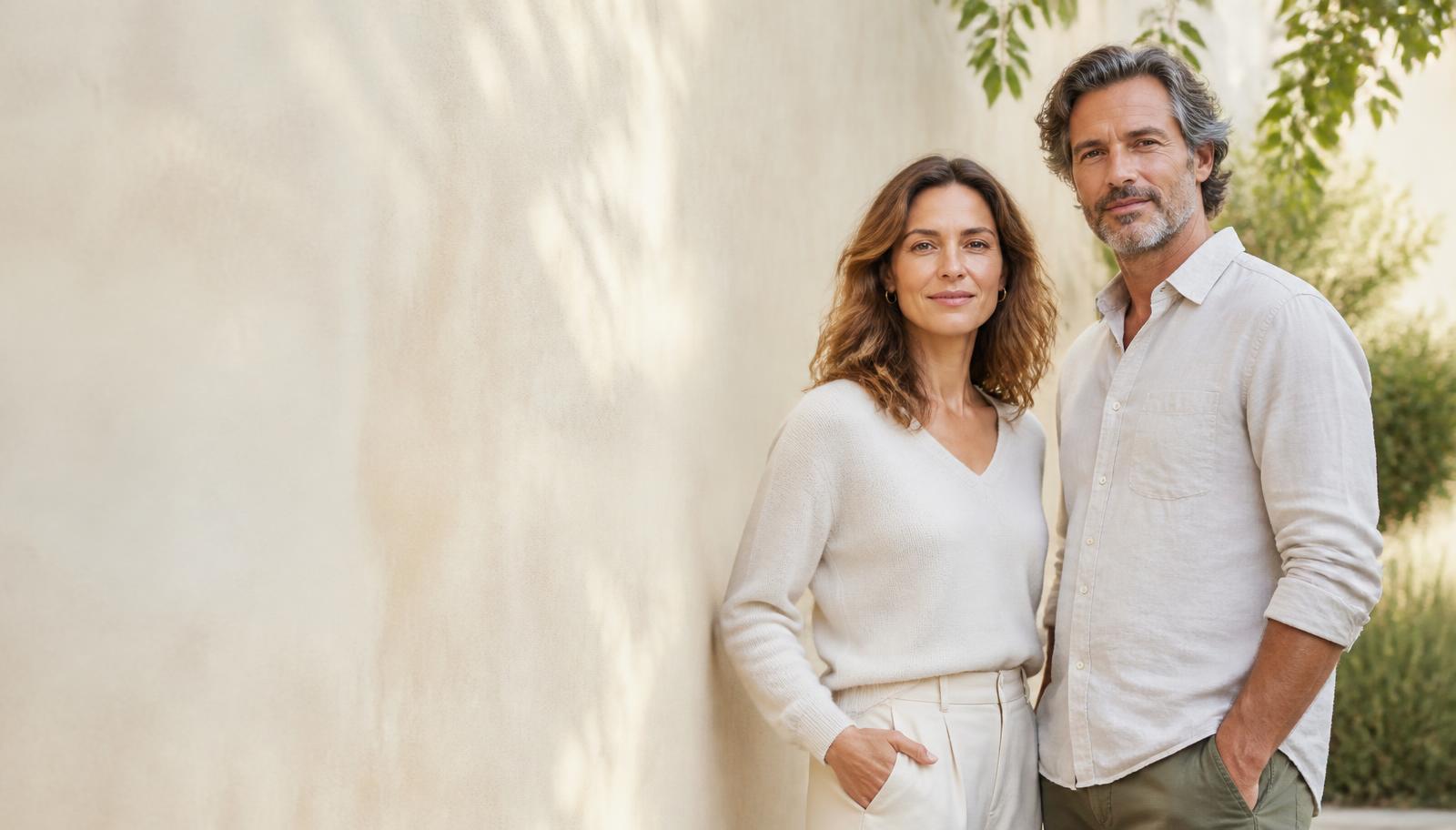 A man and a woman in their forties standing outdoors in soft morning light